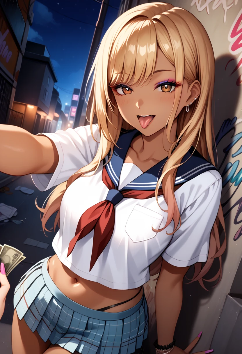 score_9, score_8_up, score_7_up, source_anime, 1girl, kitagawa marin, blond hair, long hair, gyaru, straight hair, makeup, (dark-skinned female:1.2), girl, beautiful face, detailed eyes,slim body,mature female,side view, pov,looking at viewer, dutch angle, navel, large breasts,seductive smile, parted lips, collarbone, white serafuku, sleeve less, blue sailor collar, red neckerchief, plaid pleated micro skirt,shirt overhang, reaching to grab money, money, alley, (graffiti), love hotel,night,leaning back, against wall, people in background,open mouth,tongue out,blowjob pose,