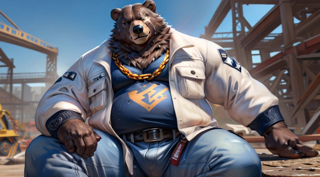 ben (zenless zone zero), (by taran fiddler), (by darkgem:0.8), (by chunie:0.8), masterpiece, (((detailed fluffy fur))), looking at viewer, scar, seductive, ((bedroom eyes)), bear, brown fur, fur, male, (manly:1.3), full body view, fat, musclegut, ((construction site background, sunshine, sun rays)), sitting on concrete, ((white construction jacket)), ((blue construction jeans)), construction tools, belt, (hard hat), ((sweating, sweaty, sweat)), ((gold chain)), detailed eyes