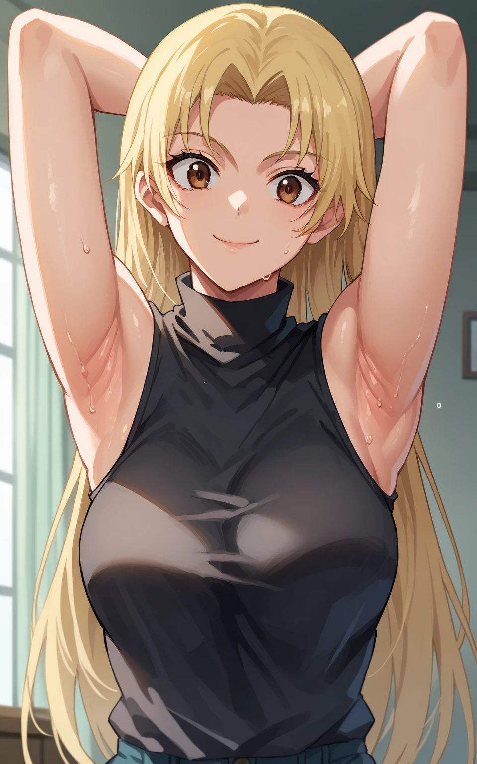 score_9, score_8_up, score_7_up, source_anime, anime screencap, 1girl, solo, yuki tsukumo, long hair, brown eyes, blonde hair, parted bangs, bare shoulders, bare arms, arms behind head, armpits, looking at viewer, head towards viewer, smile, badhandv4, indoors, closed mouth, black sweater, sleeveless sweater, ribbed sweater, turtleneck, sweaty armpits