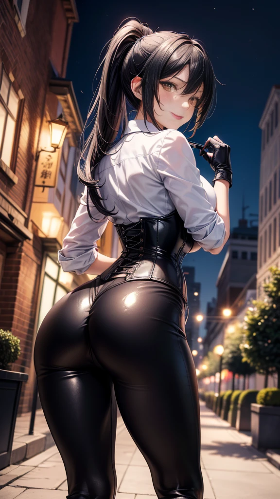 (Yaedef :1.4), 8K, highres,  ultra detailed , ( Masterpiece:1.4),  Best Quality , Sakuya Shirase, symmetrical body, beautiful, Alone, standing,  dynamic pose ,  seen from behind , culo perfecto,  looking at the spectator , Tender smile, long ponytail black hair,  detailed face ,  looking at the spectator ,,  beautiful eyes, amber yellow eyes, ( white collar shirt :1.4),  long black gloves , (black leather corset, ( shiny black leggings),  black leather boots , parque  at night, angled view,  perfect breasts ,  badass anime girl , bright clothes,  at night