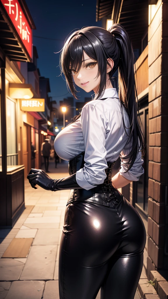 look at the camera,(((highest quality, 8k, masterpiece))), sharp focus, (beautiful woman with perfect figure), thin, (hairstyle: superior)), ((back alley at night)), street: 1.2 非常に詳細な顔と肌の質感詳細な目double eyelidランダムな姿勢, (smile), realistic face, double eyelid,smile, Cyberpunk City , at sunset , beautiful teeth , thigh strap, wear a leather jacket、off shoulder sweater、Gray vertically ribbed sweater dress、Fishnet tights、garter belt、night scenery、