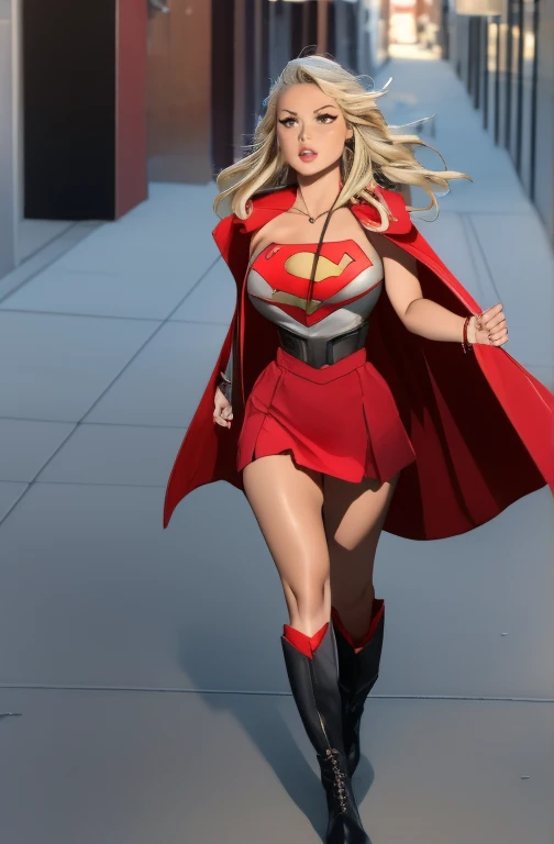 (     top quality ), (     top quality ), (Overall view), Backstreets,Supergirl with a sexy body,  Big Breasts, Beauty,      halter neck tops     ,        short skirt    , Cape,       boots, low top       