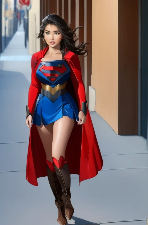 (     top quality ), (     top quality ), (Overall view), Backstreets,Supergirl with a sexy body,  Big Breasts, Beauty,      halter neck tops     ,        short skirt    , Cape,       boots, low top       