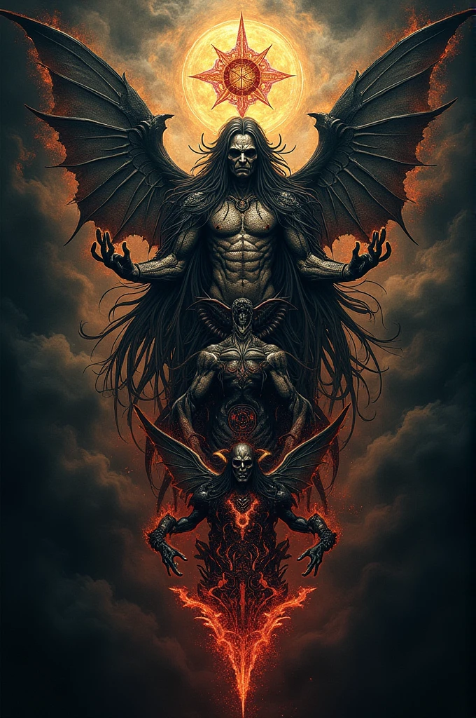 Artistic ultradeep focus photography,Ultimate solid masterpiece synthesized from multiple masterpieces of absolute different styles and themes with Auto-expression,Free self-expression,Lucifer the fallen angel surrounded by burning corpses,closed fist hand gesture,photo by Gustave Dore and Alexandre Cabane,inspired by fine art,<lora:add-detail-xl:1>,<lora:xl_more_art-full_v1:1>,
