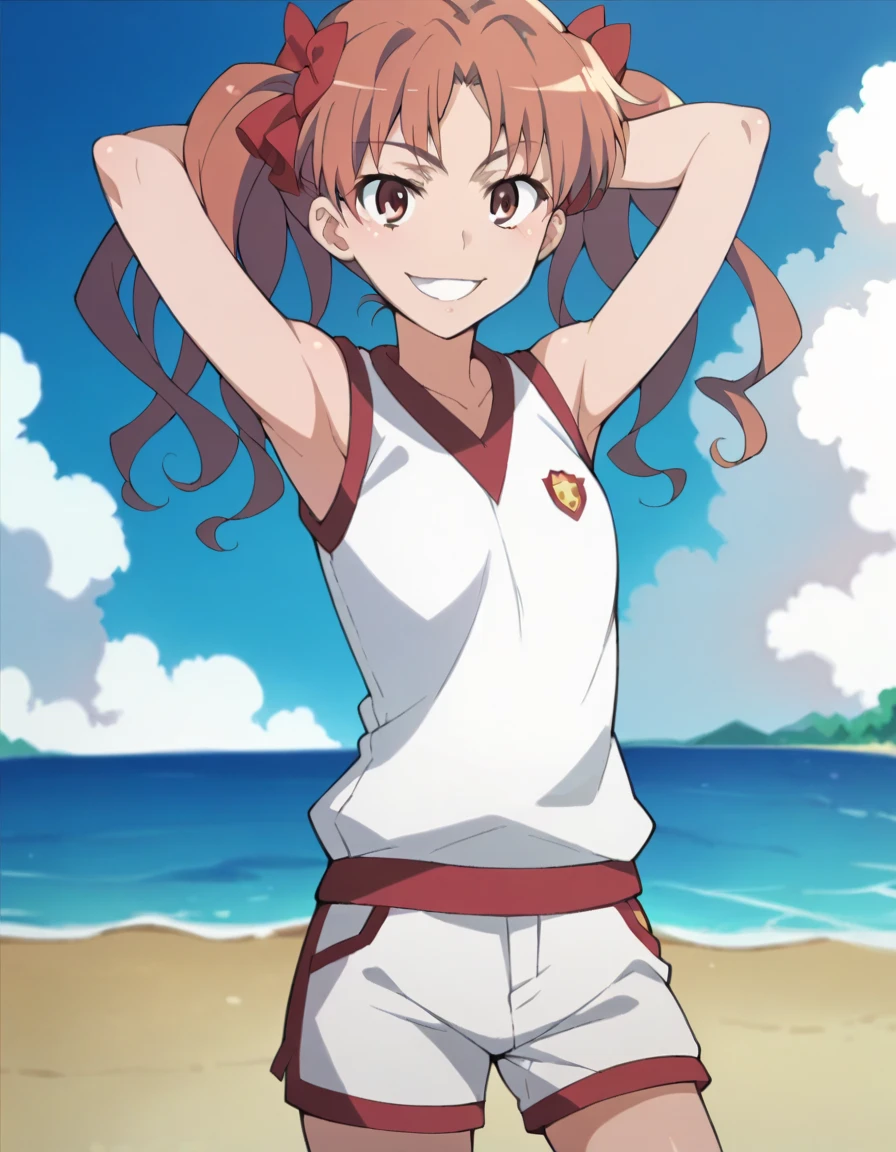 Kuroko, Gym, shiny skin, masterpiece,  top quality,   closed mouse, Alone, ( cowboy shot :1.5), Night Sky,  beach ,  arms behind head,  contrapost ,   spread underarms, smile,