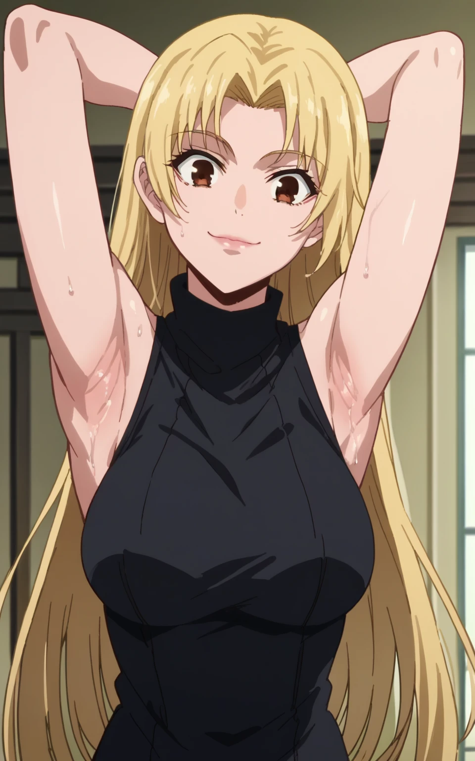 score_9, score_8_up, score_7_up, source_anime, anime screencap, 1girl, solo, yuki tsukumo, long hair, brown eyes, blonde hair, parted bangs, bare shoulders, bare arms, arms behind head, armpits, looking at viewer, head towards viewer, smile, badhandv4, indoors, closed mouth, black sweater, sleeveless sweater, ribbed sweater, turtleneck, sweaty armpits