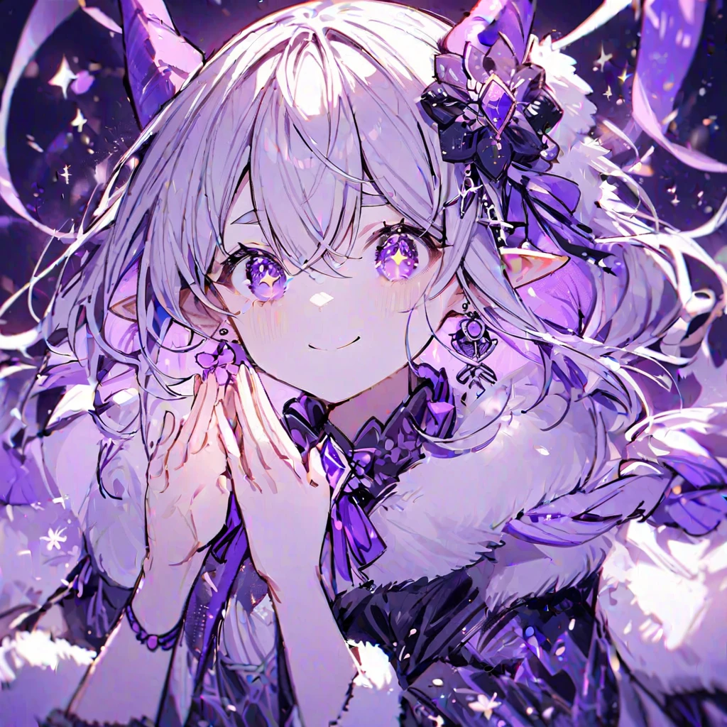  1 girl, Alone, gem,  pointed ears,  earrings, looking at viewer, purple eyes, horn,  fur trim,  braided , purple horn, Gray Hair,  hair between eyes, ,  fur trimmed sleeves,  hair ornament, purple ribbon,   closed mouse,  long hair, twin  braided s, ribbon, flower,  hair crossed with bangs , hair flower, smile,  Purple Theme,  Long Sleeve ,  thick eyebrows, fur collar ,  upper body,   steeplefinger , +_+, neck ribbon, Raise your hand, Put your own hands together 
