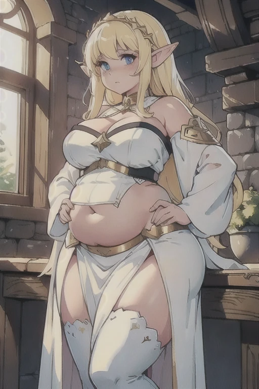 (Best quality), (high resolution), (detailed), 1woman, curvy girl, ((chubby belly:0.8)), dark fantasy elf, gorgerous girl, elf girl, white elf princess, long blonde hair, white dress