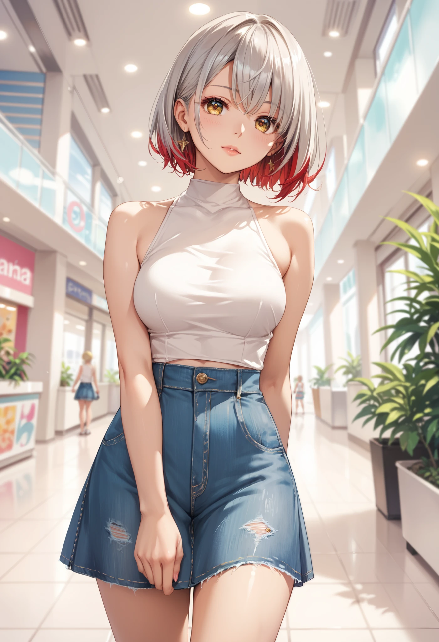 Anime girl with red hair and blue shorts posing in a mall - SeaArt AI