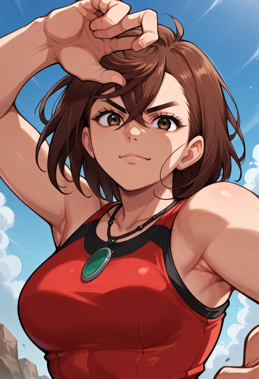 score_9, score_8_above,score_7_above, source_anime, 1 , Alone, aysmm ,  medium breasts,  brown hair ,  brown eyes , medium hair, Black necklace, red swimsuit,  blue sky, to smile,  looking at the viewer ,  fighting posture, from below, Serious