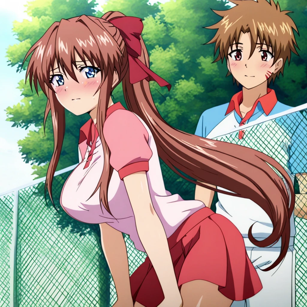 masterpiece,best quality,KanzakiAoi, 1girl, long hair, brown hair, blue eyes, large breasts, hair ribbon, blush, tennis uniform, red skirt, boy, KurusuAkito,KurusuAkito,KurusuAkito,KurusuAkito,KurusuAkito, tennis uniform, First Love Memories, she hugs him, gravure, cinematic angle,