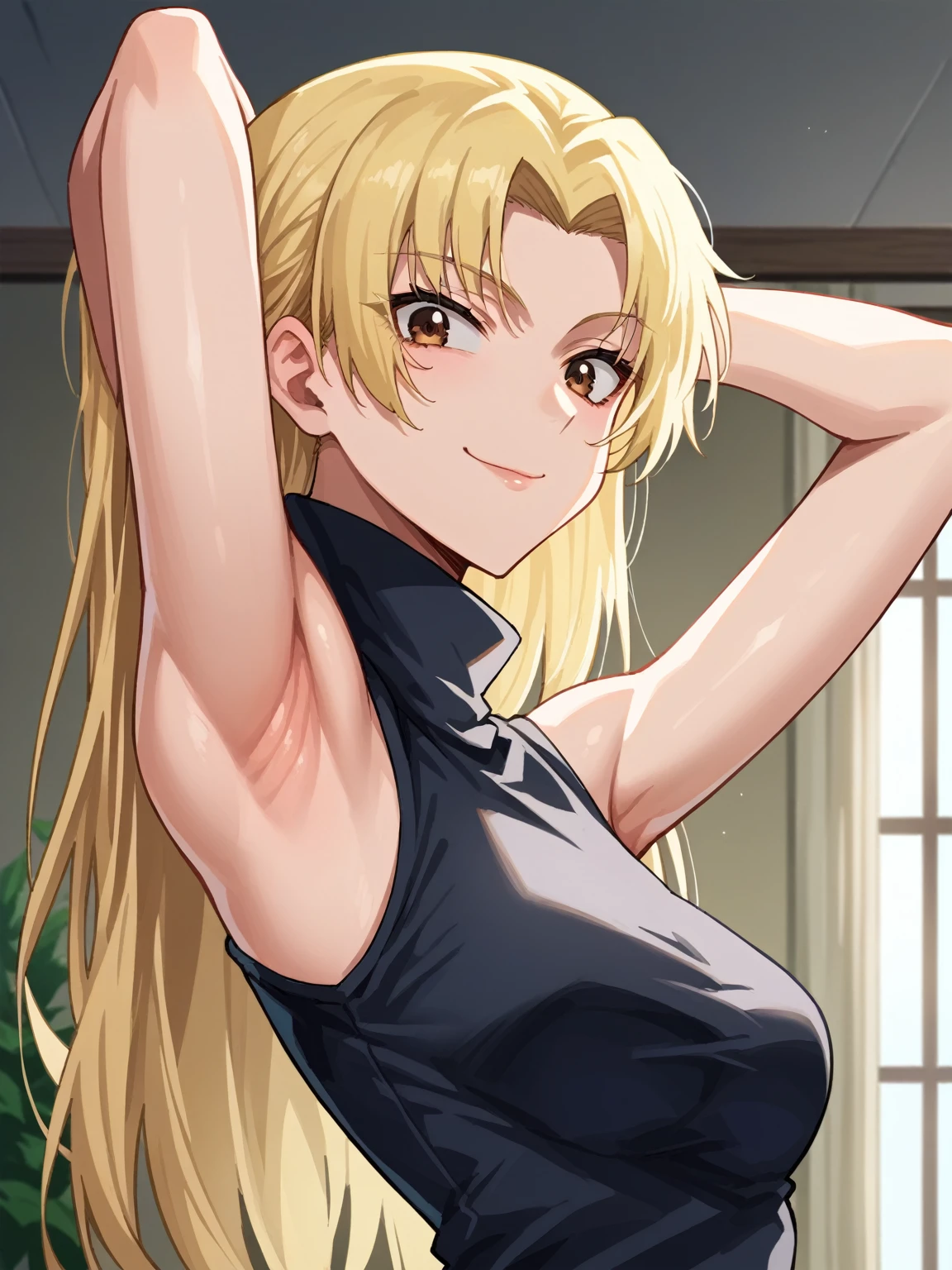 score_9, score_8_up, score_7_up, source_anime, anime screencap, 1girl, solo, yuki tsukumo, long hair, brown eyes, blonde hair, parted bangs, bare shoulders, bare arms, arm behind head, armpit, looking at viewer, head towards viewer, smile, badhandv4, indoors, closed mouth, black sweater, sleeveless sweater, ribbed sweater, turtleneck, from side, from below 