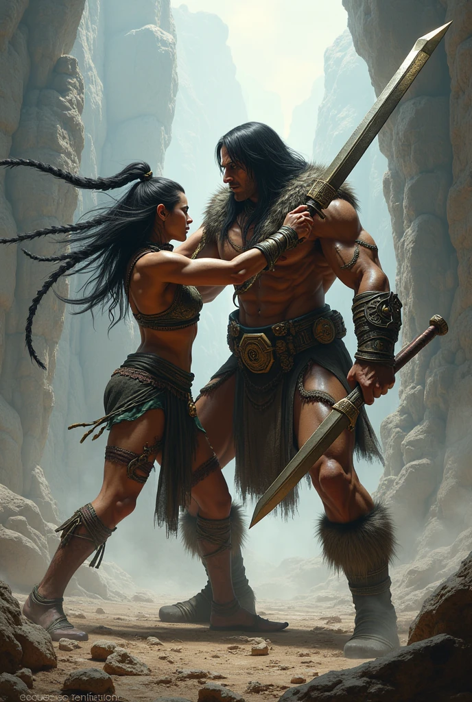 Have Conan stand on a hill with a woman on the ground hugging his leg