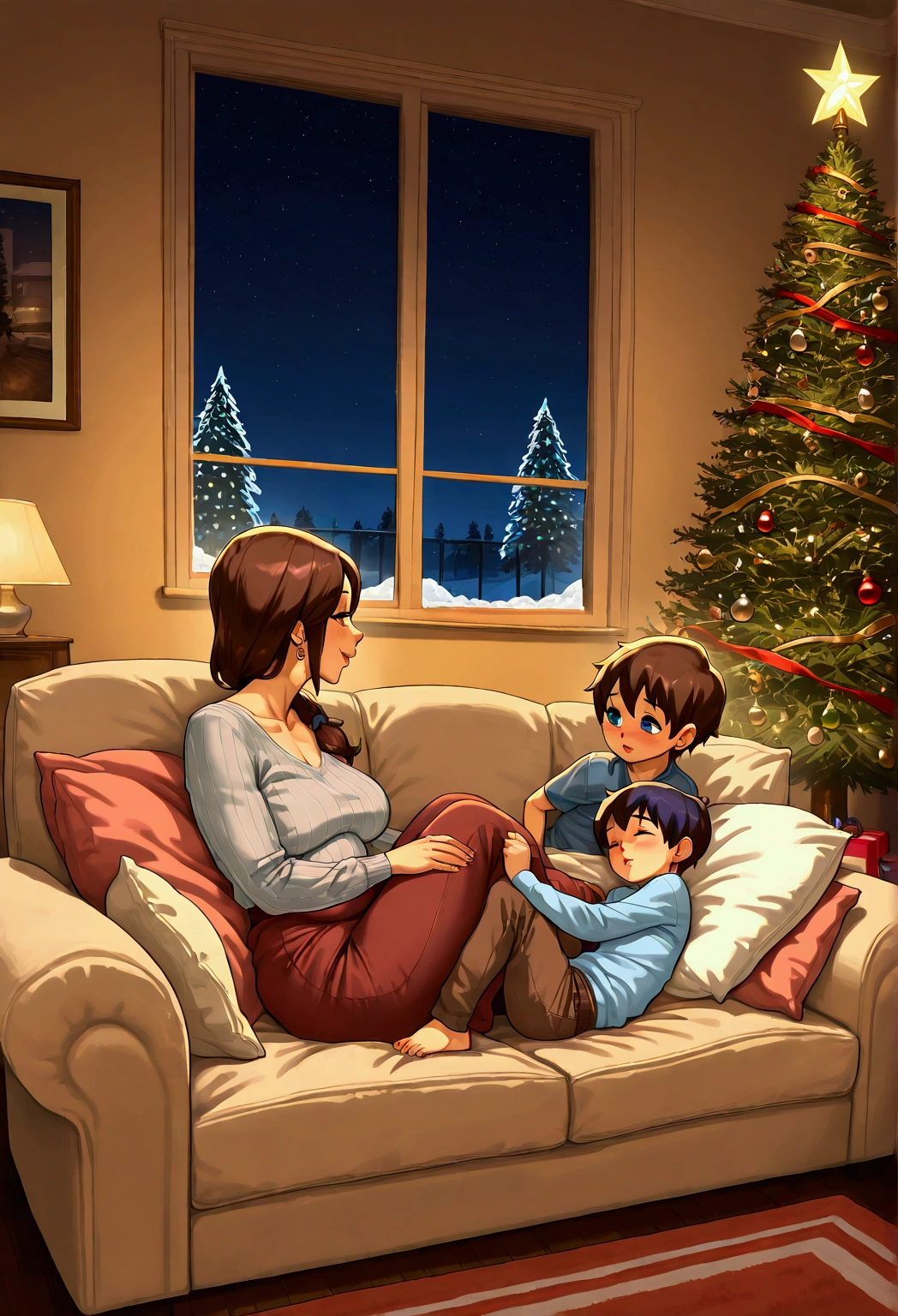 woman, indoors, christmas, christmas tree, christmas eve, milf, at night, (onee-shota:1.5), (mom and shota:1.5), on the couch, rizdraws, mother and shota, mom and son, son is short, son, son is laying on mom's legs, delicate, caring, motherly, 