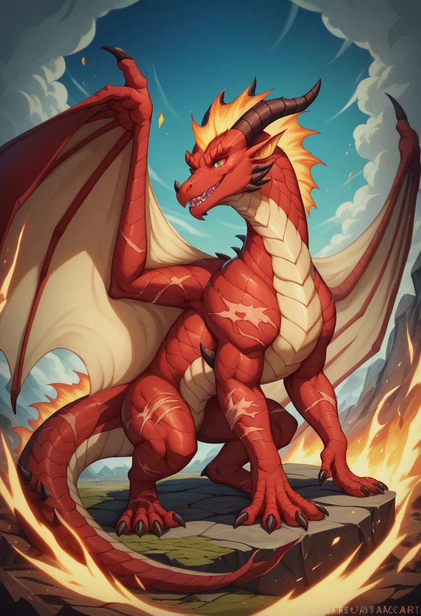 a close up of a cartoon dragon with a fire on its back, as an female feral dragon, ferakdragon art, but as an feral dragon, d&d commision art dragon, fire dragon, full body dragon concept, feral dragon, fire demon, epic dragon, colossal dragon as background, dragon with scars