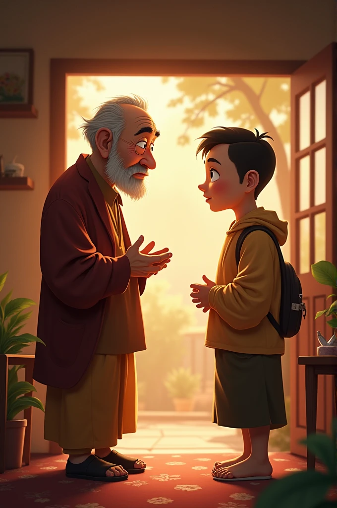 A kind-hearted boy with a gentle smile, helping an elderly person carry a basket. The boy is shown as caring and compassionate, with bright eyes full of empathy.