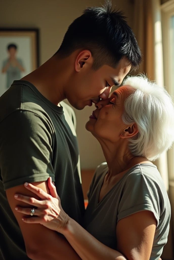 A Chinese man with six-pack abs takes a shower naked with his lover, an old grandmother.