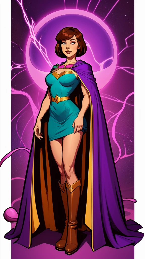 a cartoon of a woman in a purple dress and brown boots, inspired by Daphne Fedarb , Velma, inspirado por Daphne McClure, madeline de celeste, Full-body purple cape, inspired by the cartoon Cat , Supervillain sorceress , with cover, :: Sorceress, colorful art line , Cartoon character
