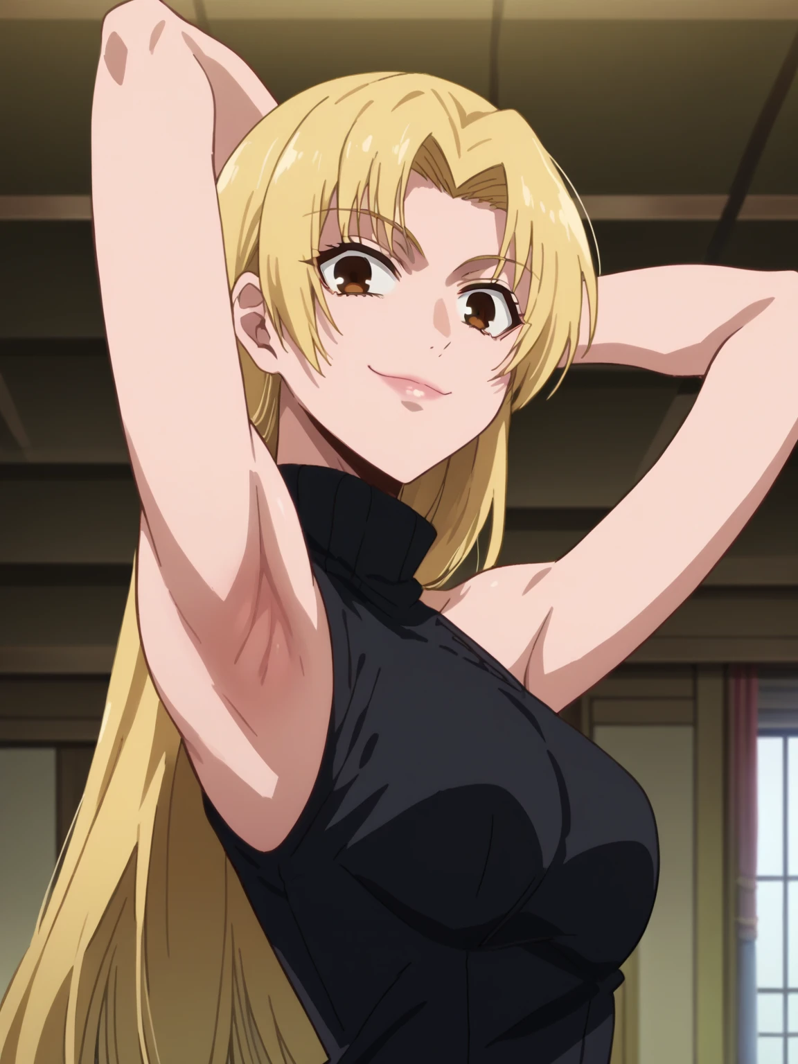 score_9, score_8_up, score_7_up, source_anime, anime screencap, 1girl, solo, yuki tsukumo, long hair, brown eyes, blonde hair, parted bangs, bare shoulders, bare arms, arm behind head, armpit, looking at viewer, head towards viewer, smile, badhandv4, indoors, closed mouth, black sweater, sleeveless sweater, ribbed sweater, turtleneck, from side, from below 