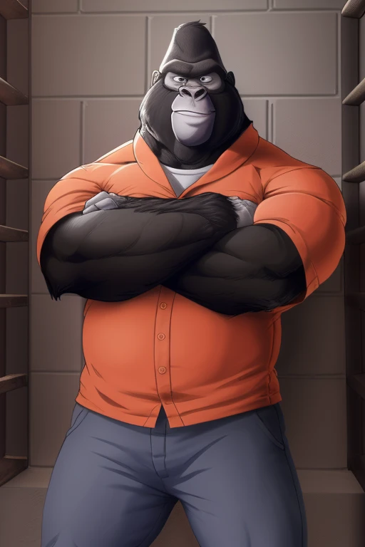 Big Dad(sing), only, mature macho, gorilla, smile, (pose:1.3), (posing:1.3), ( soft shading), 4k, nothing, five fingers,  Detailed  hands, (( Detailed  face, ( Detailed  eyes:1.0),  Detailed )), ( full body),  by zackarry911 , by zaush, (by personal:0.5), prison clothes, Prison cell,  against the wall , crossed arms