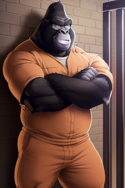 Big Dad(sing), only, mature macho, gorilla, smile, (pose:1.3), (posing:1.3), ( soft shading), 4k, nothing, five fingers,  Detailed  hands, (( Detailed  face, ( Detailed  eyes:1.0),  Detailed )), ( full body),  by zackarry911 , by zaush, (by personal:0.5), prison clothes, Prison cell,  against the wall , crossed arms