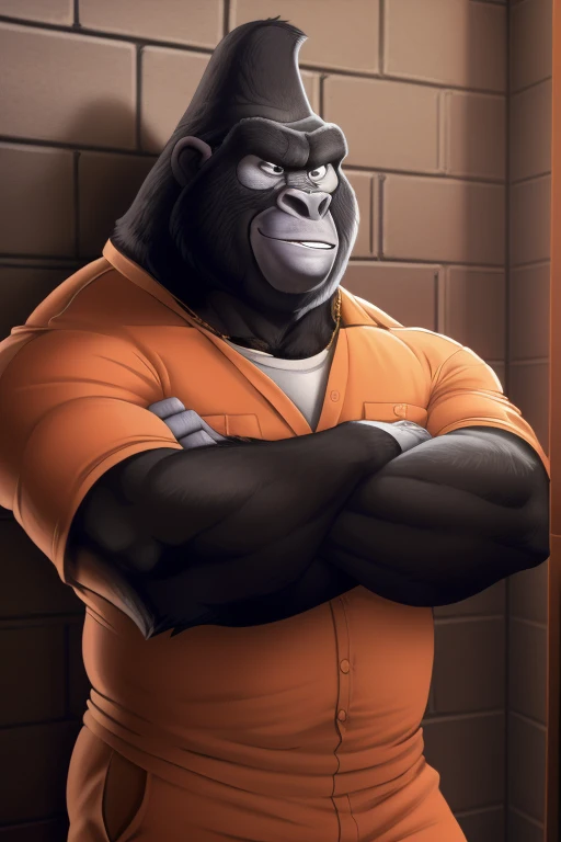 Big Dad(sing), only, mature macho, gorilla, smile, (pose:1.3), (posing:1.3), ( soft shading), 4k, nothing, five fingers,  Detailed  hands, (( Detailed  face, ( Detailed  eyes:1.0),  Detailed )), ( full body),  by zackarry911 , by zaush, (by personal:0.5), prison clothes, Prison cell,  against the wall , crossed arms