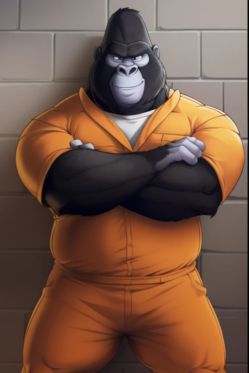 Big Dad(sing), only, mature macho, gorilla, smile, (pose:1.3), (posing:1.3), ( soft shading), 4k, nothing, five fingers,  Detailed  hands, (( Detailed  face, ( Detailed  eyes:1.0),  Detailed )), ( full body),  by zackarry911 , by zaush, (by personal:0.5), prison clothes, Prison cell,  against the wall , crossed arms