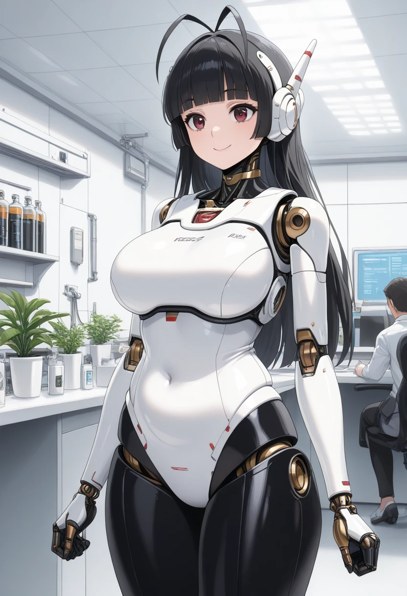 masterpiece, best quality, extremely detailed, (8K, 4K, Best Quality, hight resolution, 超A high resolution:1.1), ,8k portrait, Japaese android Girl,Plump , dark black leg cover,announcer,control panels,android,Droid,Mechanical Hand, Robot arms and legs, Black Robot Parts,Black hair,Mechanical body,Blunt bangs,perfect mechanical abdomen,White robotics parts,perfect robot woman,future laboratory,cyber pank,charging spot,laboratory,long tube,thick cable connected her neck,white ceramic body ,perfect mechanical body, white robot body,lod antenna,mechanical ear cover,android,robot humanoid,black sponge joints,The removable cover is in the groin,The connection port is in the groin,opened chest panel,access panel on the chest,opened breast panel,perfect mechanical breast,perfect machine body,perfect android body,She has repaired,assembly plant,dark black tights,dark black leggings,,smile