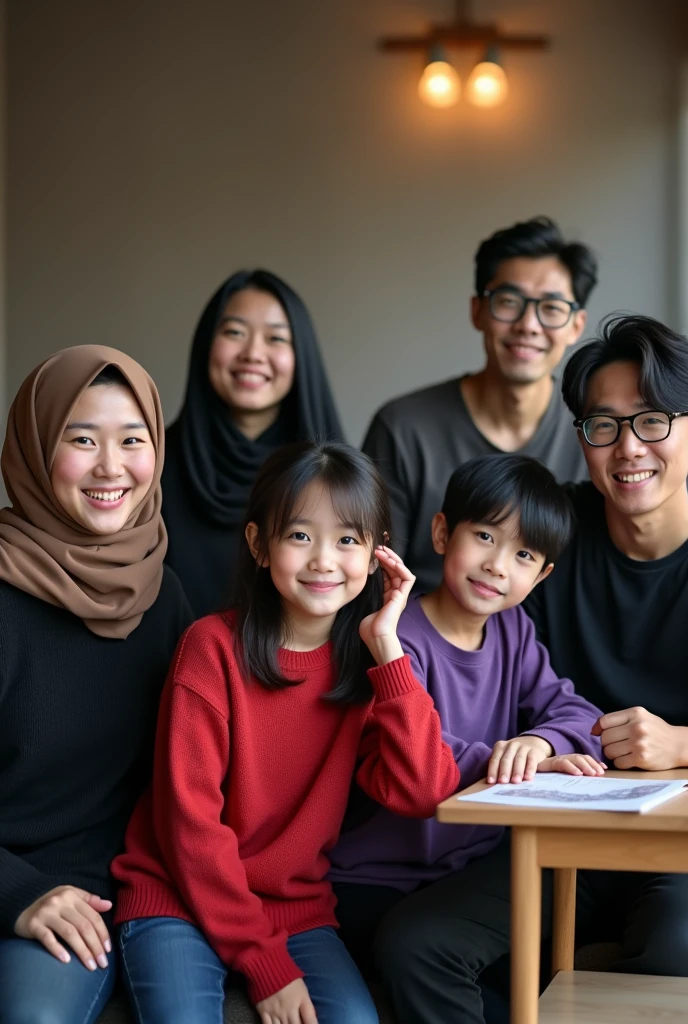 ((4 hijabless man wear jacket sitting), (2 hijabbed woman sitting), (1 hijabless teenage girl sitting)), casual fashion, happy expression, white skin people, crowdless background, extreme detail, masterpiece, 4k, adult 3D character, proportional, cinematic lighting