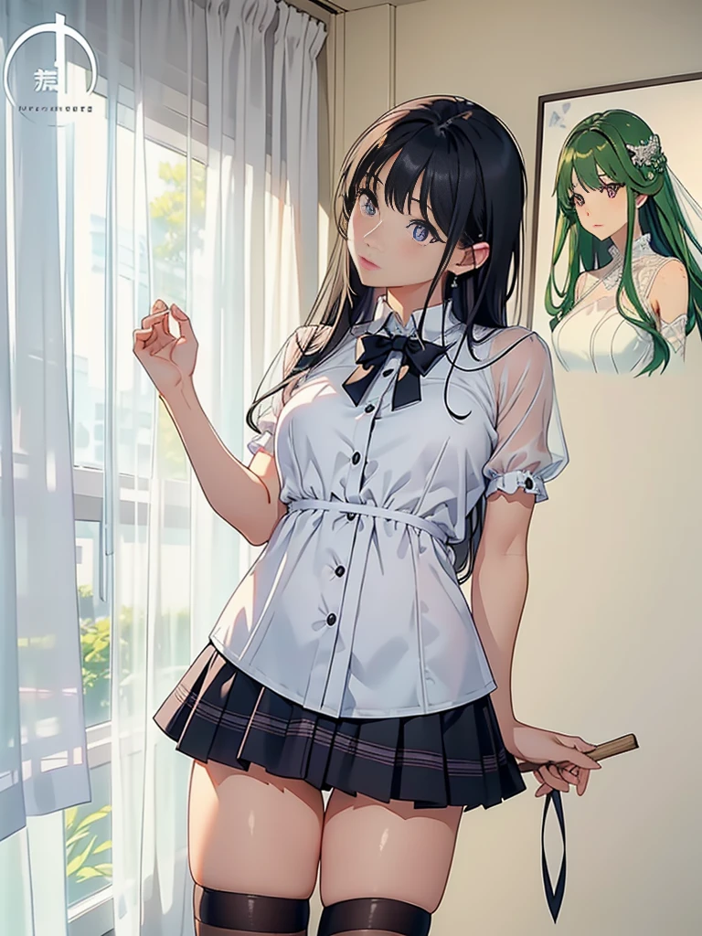 ((masterpiece), (top-quality), (Raw photo:1.2), (Photorealsitic:1.4), Exceptional detail, dramatic lighting, high resolution, 8K,
1girl, bangs, Black_hair, brown_Eyes, lips, long_hair, up looking_at_viewer, a necklace, parted_Lips, wearing a light green sports bra, (((bending over))), ((taking off own skirt)), in a changing room