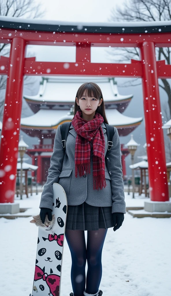 ultra-realistic, photorealistic, dramatic scene, shadow, global-illumination, solo, (teenage Japanese famous idol girl), very beautiful fragile Japanese girl, very beautiful with very cute but boyish cool face, (very large breasts), slim waist, (wearing a gray colored Japanese high school cute uniform of white shirt with blazer and skirt), (red ribbon), (stylish winter coat), (cute checked red woolen scarf), (glove), (She is wearing dark navy tights), (very large breasts), snowboarding boots, (The cat is hiding in her backpack), (A giant fat cat peeks out of her backpack), (She is holding a cute panda printed snowboard in front of the shrine:1.3), Red torii gate of the shrine, heavy snow, A few autumn leaves can be seen among the leafless trees, she looks so happy, happy smile, professional lighting, (shoot from below), the splendid main hall of the shrine