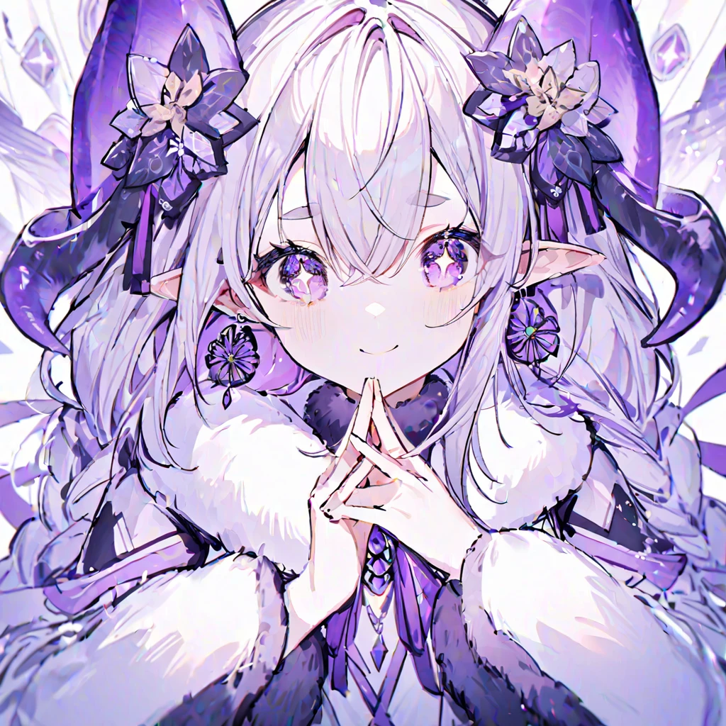  1 girl, Alone, gem,  pointed ears,  earrings, looking at viewer, purple eyes, horn,  fur trim,  braided , purple horn, Gray Hair,  hair between eyes, ,  fur trimmed sleeves,  hair ornament, purple ribbon,   closed mouse,  long hair, twin  braided s, ribbon, flower,  hair crossed with bangs , hair flower, smile,  Purple Theme,  Long Sleeve ,  thick eyebrows, fur collar ,  upper body,   steeplefinger , +_+, neck ribbon, Raise your hand, Put your own hands together 
