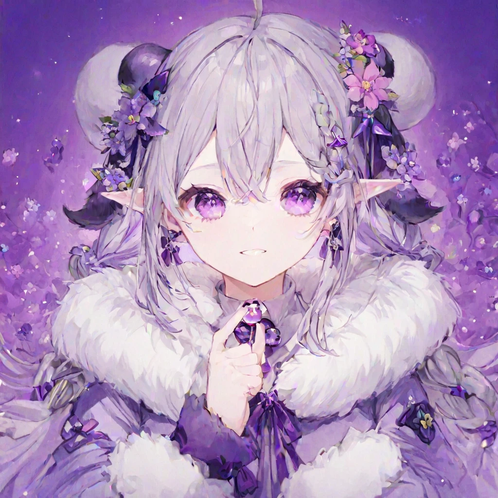  1 girl, Alone, gem,  pointed ears,  earrings, looking at viewer, purple eyes, horn,  fur trim,  braided , purple horn, Gray Hair,  hair between eyes, ,  fur trimmed sleeves,  hair ornament, purple ribbon,   closed mouse,  long hair, twin  braided s, ribbon, flower,  hair crossed with bangs , hair flower, smile,  Purple Theme,  Long Sleeve ,  thick eyebrows, fur collar ,  upper body,   steeplefinger , +_+, neck ribbon, Raise your hand, Put your own hands together 
