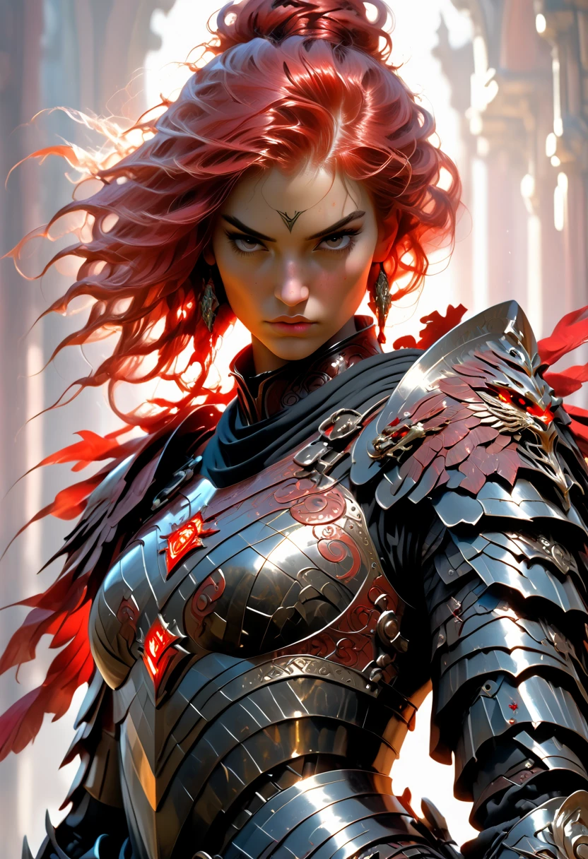 breathtaking A  very detailed with crimson hair  Digital Painting  of a powerful knight in armor holding a large, Shield decorated with heroic poses, An extremely detailed full-body knight in shiny black armor with intricate patterns, Standing in a dramatic pose, Huge in one hand, A circular shield with a glowing emblem in the center, The shield is inscribed with beautiful scrollwork and runes., Shiny Metal,  movie lighting,  illustrations： artgerm、 BODY BODY 、 Alphonse Mucha ,  Digital Painting  .  Award-winning , professional,  very detailed with crimson hair, detailed matte painting, Dark colors,  Fantastic,  complex details,  Splash Screen , Complementary Color,  Fantasy Concept Art , 8k resolution trending on Artstation Unreal Engine 5 Short-haired white-haired female knight　 fighting monsters 　 black armor　Several warriors on the back