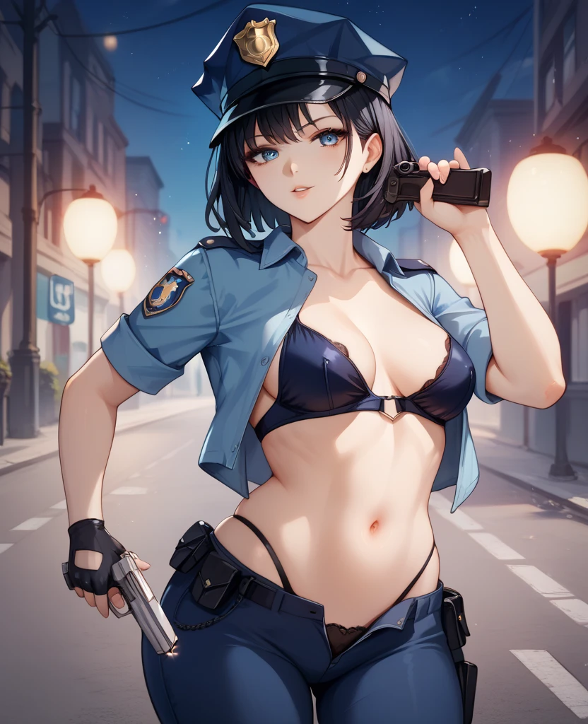 Female cop from sexy anime,  short black hair,  Blue Eyes, ,  unbuttoned shirt, open police jacket,  blue police pants ,  medium breasts, medium thighs, open belly, belly button high ,  perfect and slender body , seductive pose,  Holding a pistol , night, in a crime scene,  police officers working in the background