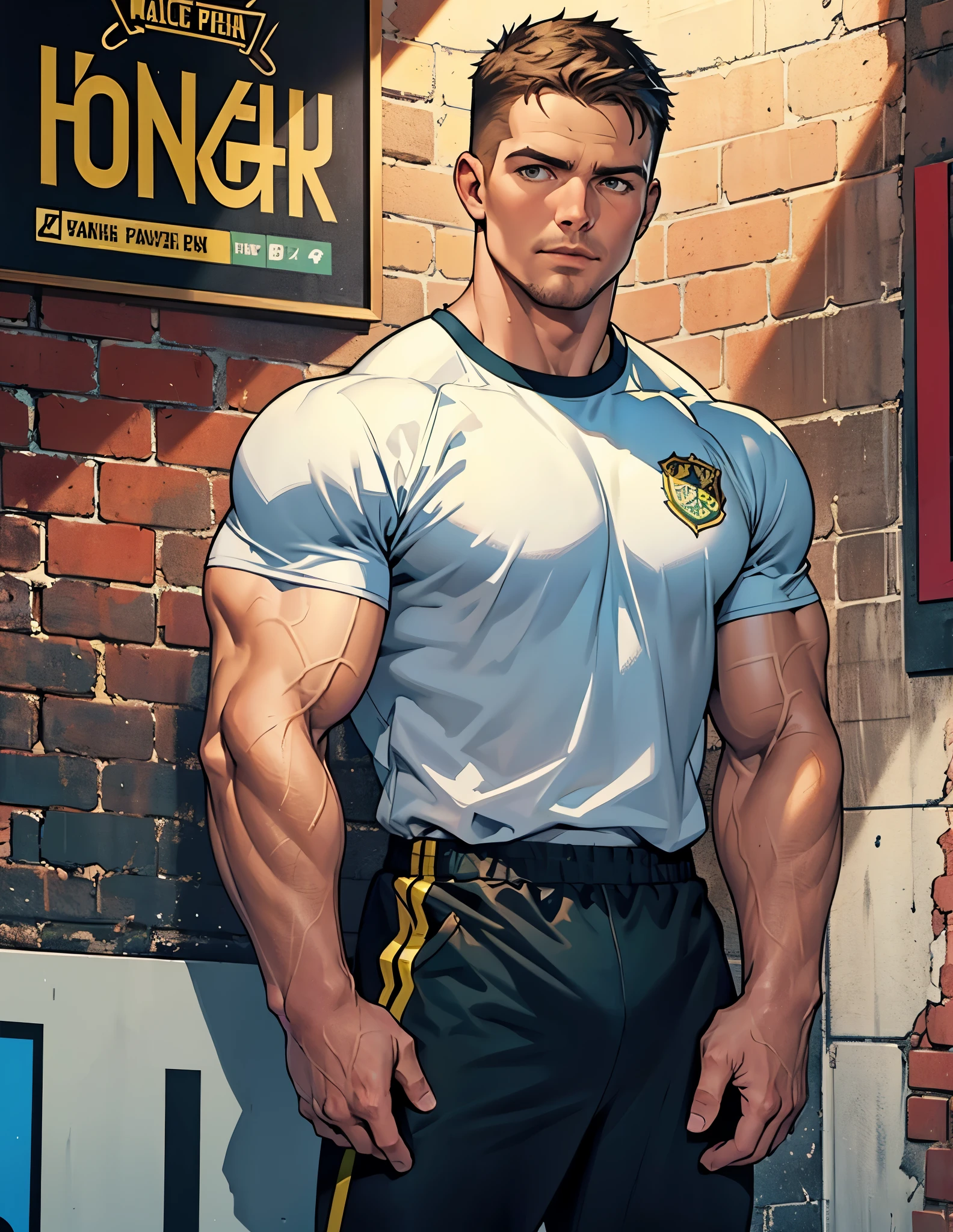 42k, high quality , detailed face , detailed hands , detailed muscles , stephen amell standing, posing in a gym hall ,standing with spread legs, showing his muscles, background brick wall with men health posters