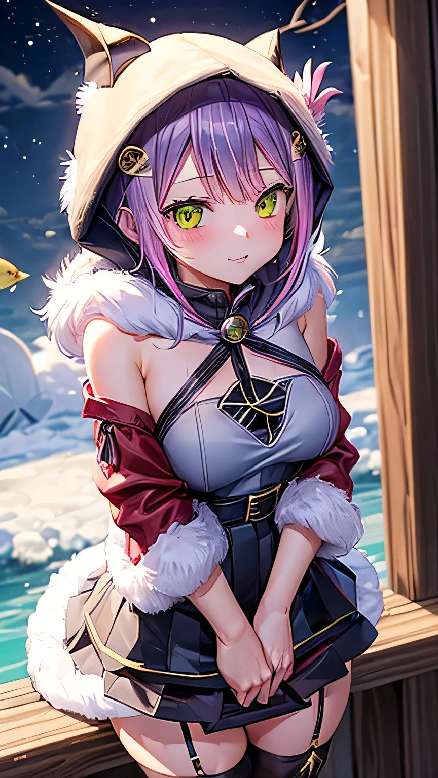 (highest quality)), ((masterpiece)), (Familiar), Perfect Face,Shiny skin,Beautiful breasts、Shiny skin、(((Santa dress、mini skirt、garter、fish net tights、hoodie、fur)))、oil skin、Sweat、Off the shoulder、Double teeth 、short hair、Pink Hair、young、Big Breasts、Embrace、winter、close、near、night、FIRE BOX、(((White unitard)))、(((Tokoyami Towa (Hololive). )))