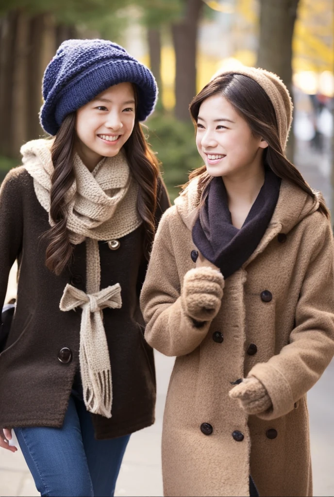 two girls, curious, fearless, smiling, wavy brown hair, dressed in colorful clothes and a magical scarf, next to the old fairy queen,