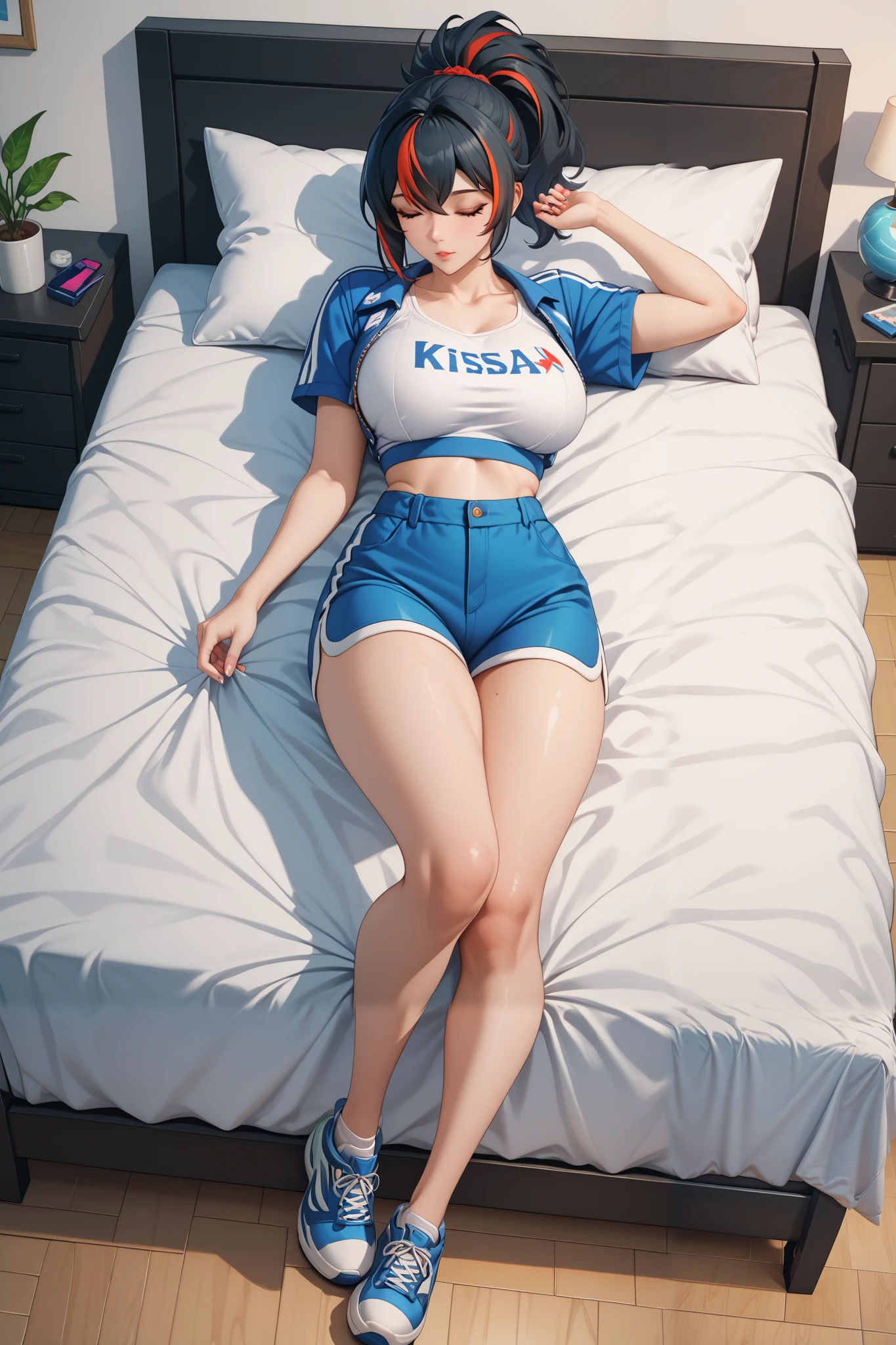 Masterpiece,highly detailed ,4k,solo,1girl,full body ,sleep on bed,zhubyuan,ponytail streaked hair,korean beauty skin,skiny,large breasts,long legs ,white  bra, short pants,bed room,looking at viewers,front look