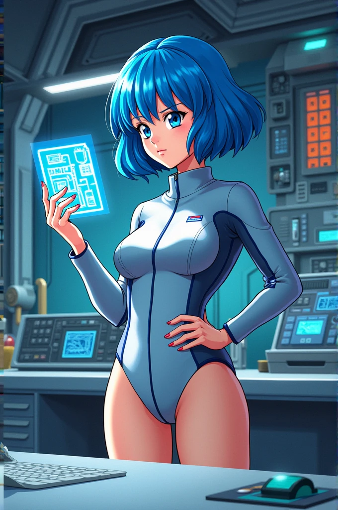 Bulma from Dragon Ball, elegantly showcased in a futuristic setting, adorns a translucent white lingerie ensemble that accentuates her seductive silhouette. Her slender figure, characterized by a waist and full, rounded curves, catches the light in a breathtaking display of high-definition details. The lingerie, subtly revealing her ample assets and slim thighs, creates an alluring contrast against the futuristic backdrop. A playful smile graces her face, her sharp features further accentuated by the soft, glowing light that bathes her in a surreal, ethereal glow. Her long, sleek hair casc