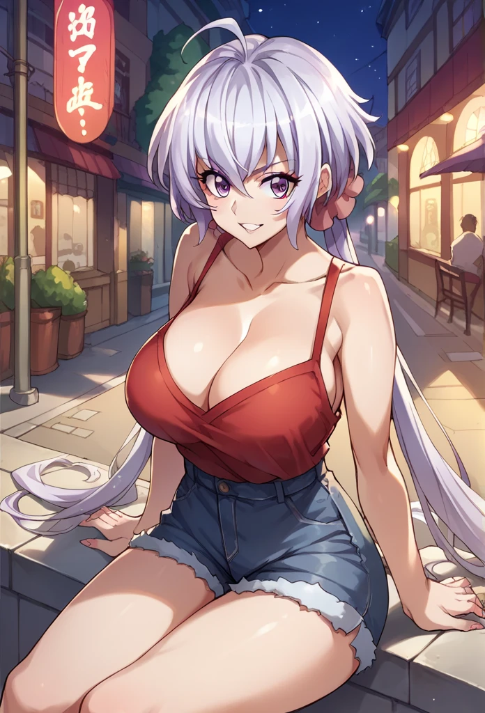 Chris_Yukine,Long hair, white hair, twintails, purple eyes, long breasts,Sitting on a street at night, cash front,