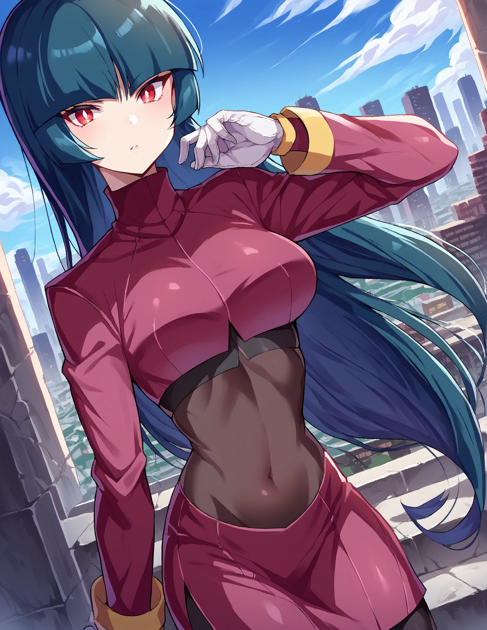 score_9, score_8_up, score_7_up,  source_Anime,
Pokémon Sabrina, Pokémon Sabrina,  black hair,  long hair, bangs, blunt bangs,  red eyes, hime cut,  side lock , white pupils,
 jacket,  crop top,  Bodysuit , Belly button cover, midriff, red  jacket,  turtleneck ,  side slits,  gloves, white  gloves,  Long Sleeve ,  pantyhose,  skirt , red  skirt ,  boots, red  boots, socks, yellow socks, knee socks,
 outdoor, cityscape,
looking at viewer,  cowboy shot ,  Dutch angle,