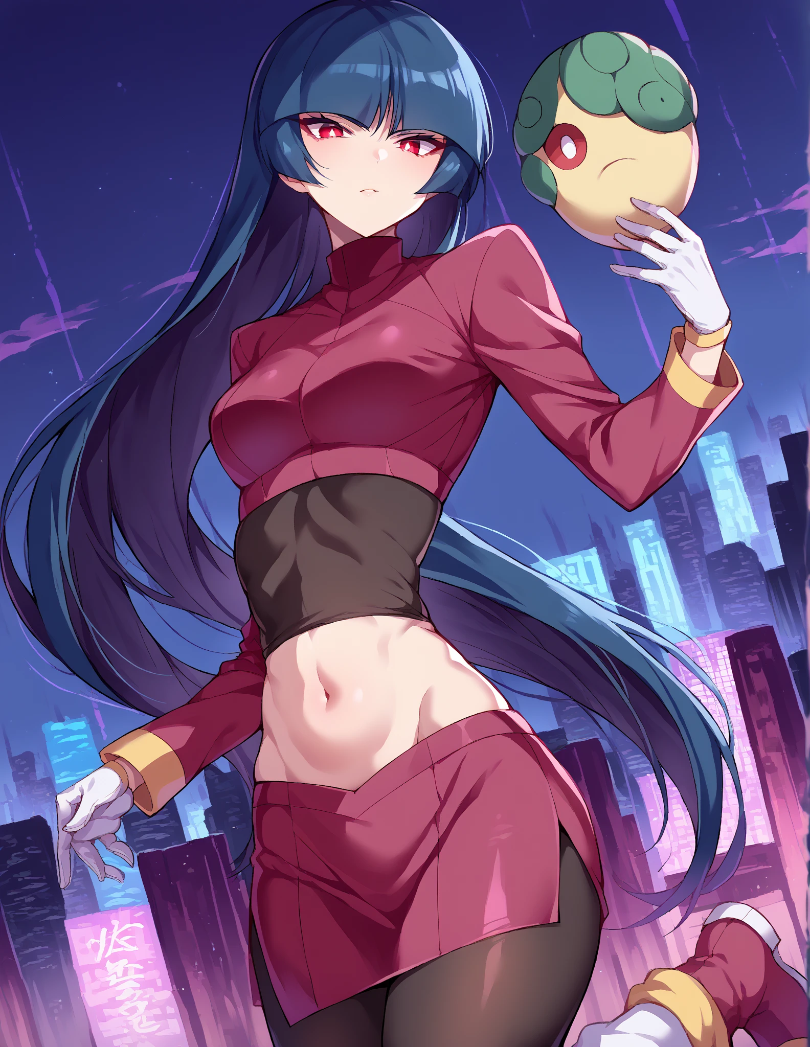 score_9, score_8_up, score_7_up,  source_Anime,
Pokémon Sabrina, Pokémon Sabrina,  black hair,  long hair, bangs, blunt bangs,  red eyes, hime cut,  side lock , white pupils,
 jacket,  crop top,  Bodysuit , Belly button cover, midriff, red  jacket,  turtleneck ,  side slits,  gloves, white  gloves,  Long Sleeve ,  pantyhose,  skirt , red  skirt ,  boots, red  boots, socks, yellow socks, knee socks,
 outdoor, cityscape,
looking at viewer,  cowboy shot ,  Dutch angle,