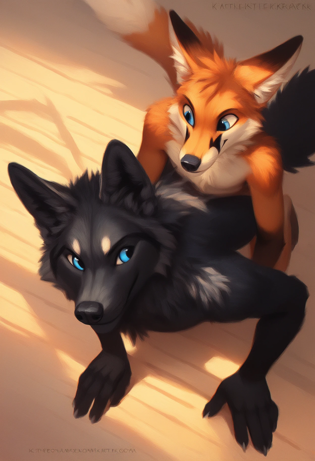 score_9, score_8_up, score_7_up, source_furry, rating_safe, by kenket, anthro, duo, male/male, wolf, black body, blue eyes, fox, orange body, doggy style, bird's eye view, on belly
