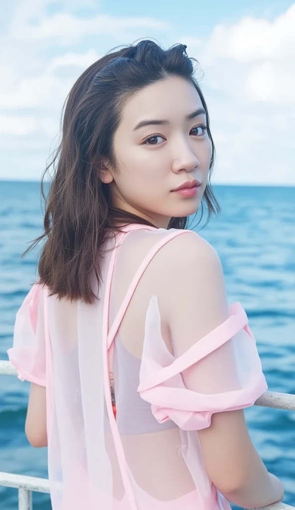   A casual outdoor portrait  ,  Front Angle,  Eye level shot slender asian young  old long haired woman enjoying a sunny day on a boat , They stand on the tip of the boat with a soft smile.   she has small breasts , I'm wearing a transparent dress with long legs, It features a pale pink pastel color with a pink border,  adds a playful contrast .  Her casual long hairstyle is a checkered scrunchie ,   complements her relaxed look  .   she's delicate heart-shaped pendant necklace  ,   enhances her gentle and serene expression  .  The background contrasts with the dark blue ocean ,   It creates a vibrant and peaceful atmosphere  .