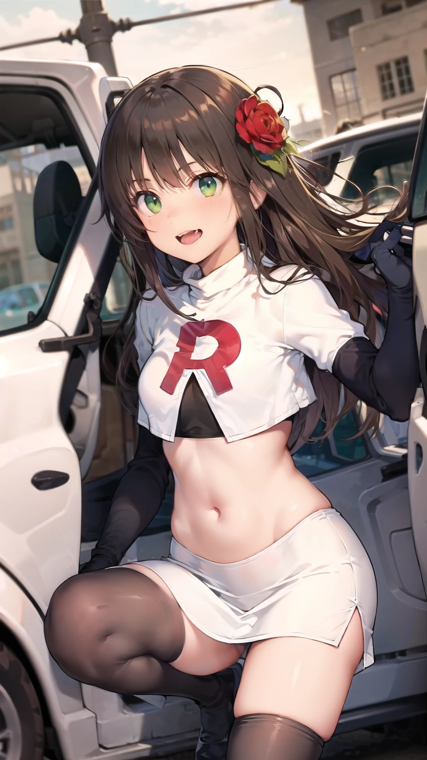 absurd,wind, 1 boy, male focus , trap, black hair, Verdigris Hair, Hair Blade ,hair flower, aqua green eyes ,Women, 1 boy, team rocket, team rocket uniform,White Skirt,Red letter R, crop top, black thigh high socks,black elbow gloves, cowboy shot , laughing in front of the car , happy , ,