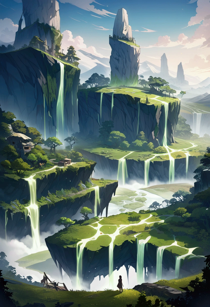 A post-apocalyptic sanctuary in the Andes highlands, where the Amazon jungle and ancient glaciers converge. Towering moss-covered trees with glowing bioluminescent vines illuminate ruins of a forgotten civilization—rusted structures and overgrown machinery blending with lush nature. Crystal-clear waterfalls feed terraced farms, while strange creatures, part spirit and part mutation, roam the forest.
Lush greens, soft blues, and whites from water and glaciers; warm golden light filtering through trees; weathered grays and browns from ruins; ethereal purples, blues, and greens of bioluminescenc painterly visuals blend post-apocalyptic sci-fi with nature's grandeur, creating a mystical, fragile world of hope and harmony.