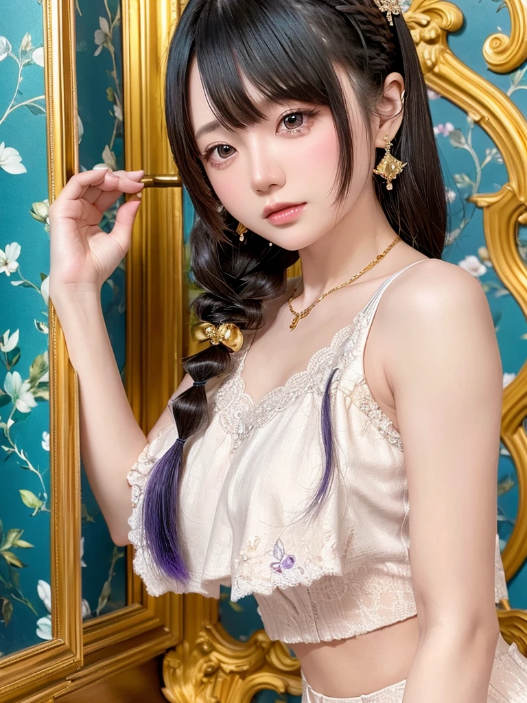  Purple Lace Song   &  good, (((  very elegant and beautiful, perfect detail,   super detailed))), whole body,   The most detailed girl  ,   Border Depth , 美しく詳細なwhole body, Thin legs,   1 girl, 30 years old,   very short hair , Spiked Hair,   gray and silver hair on the chest of their right hand,   Beautiful Detailed Hair  ,  完璧なface,  expressionless, Beautifully detailed deep eyes,    with her butt raised in the air and her upper body raised、Gold Wall  ,  Delicate arms and hands ,  blue-white skin,   earrings for a single woman,  Beautiful wonderful necklace ,  colorful background, HD Backgrounds,   Blurry Background,    Very Delicate and Beautiful   ,   Masterpiece , (((   top quality ,    very beautiful 8K CG Wallpaper  ))), (((  trendy hairstyles))), ( face,  stylish interiors ,  Window  ),