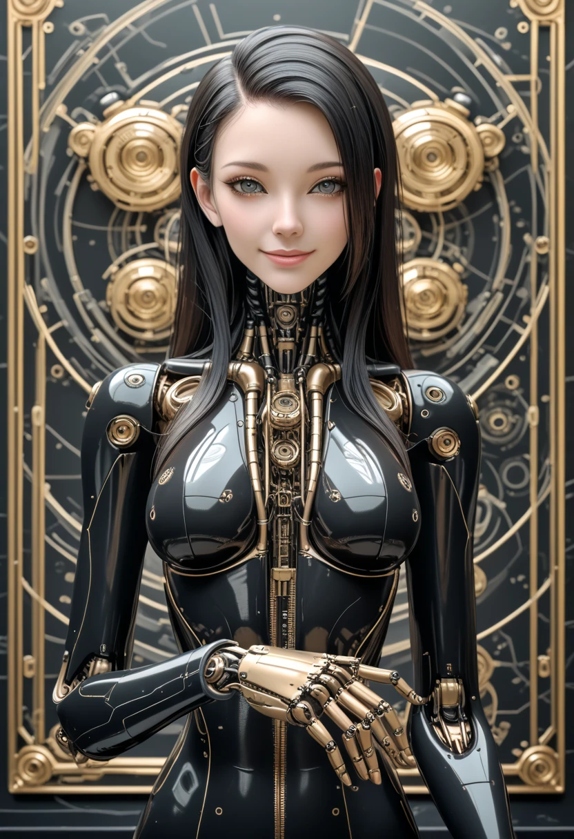 (masterpiece),(Highest quality),(Super detailed),(Best illustrations),(Best Shadow),(Absurd),(Detailed Background),(so beautiful), 16K, 8K, 4K,(Best Shadow),robotization,woman ,big bust,Robot Joint ,Metal skin,Black robot Suit,long hair,a black robot suit that covers the whole body,robot hand,cyber bodysuit,mecha head,(Detailed hands and fingers:1.2),Ball joint robot body,doll joint,beautiful face,beautiful robot girl,robotic eye,robotic hands,(no more human skin),android girl,cyborg girl,F cup, sexy body,(machine made joints:1.2),(machanical limbs:1.1),(blood vessels connected to tubes),(mechanical vertebra attaching to back),(mechanical cervial attaching to neck),no messy picture style,no emotion,tech control,black robot suit,maintenance,smile,hypno,mini skirt,black tights,black pantyhose