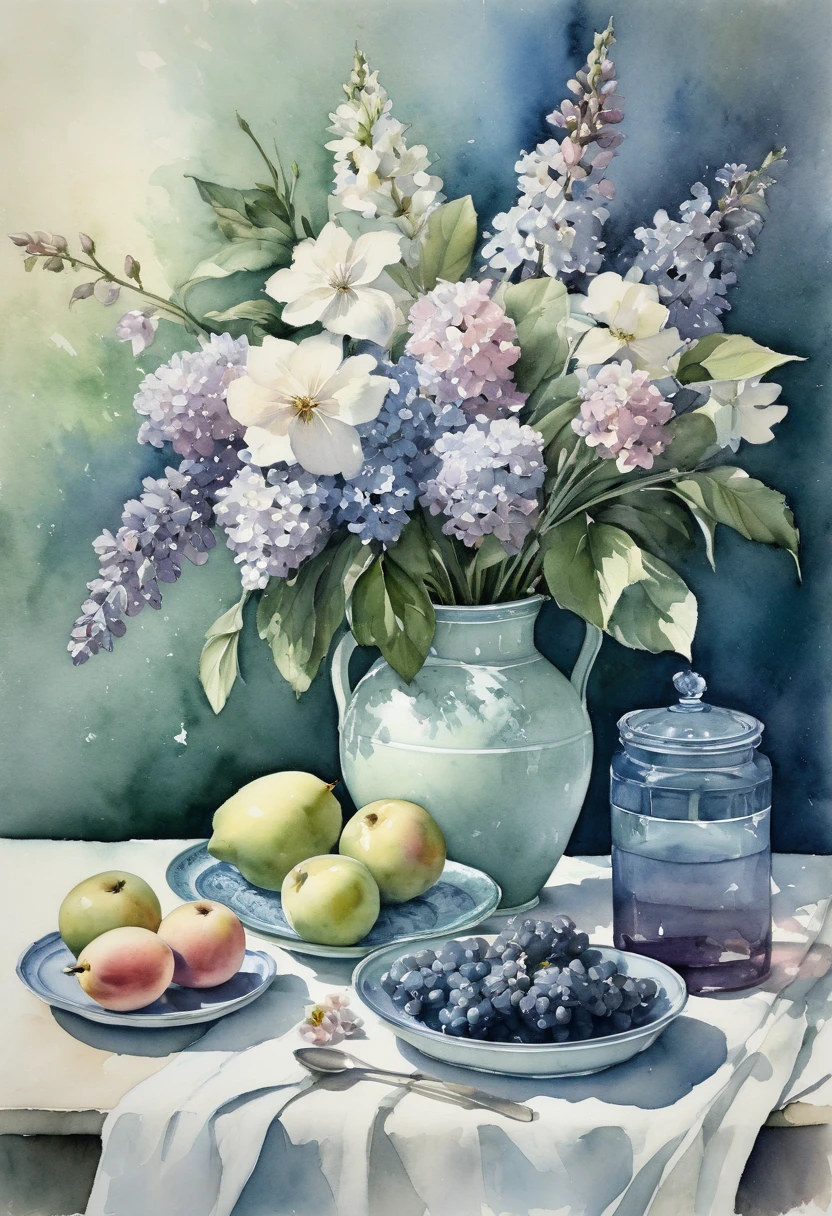 watercolor, Tonalism,  detailed drawing , still life,  muted colors , blue, green, white,  lilac , pink, flowers and fruits 